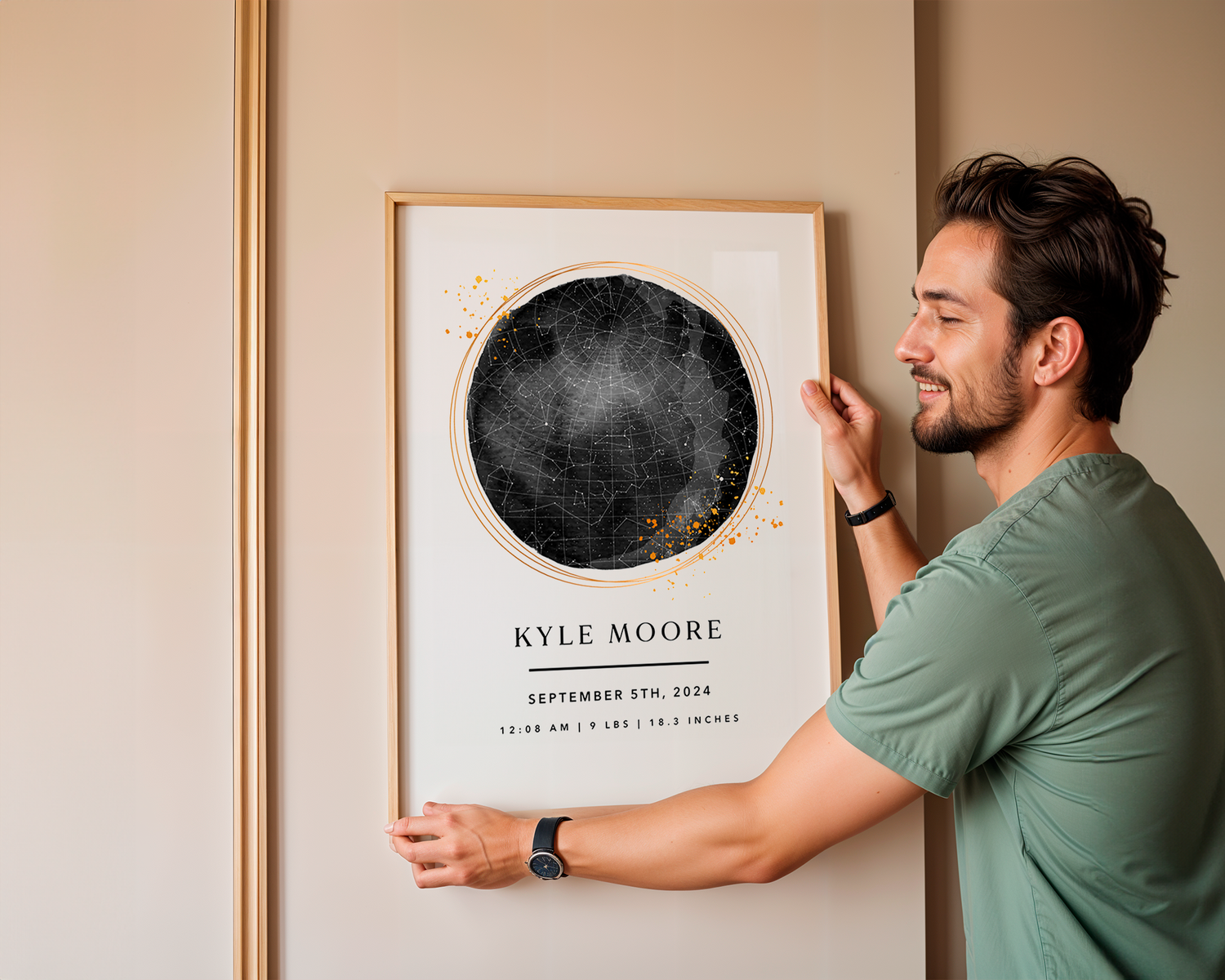 A man holding up a customized SentiMap framed print up to a wall with a smile on his face