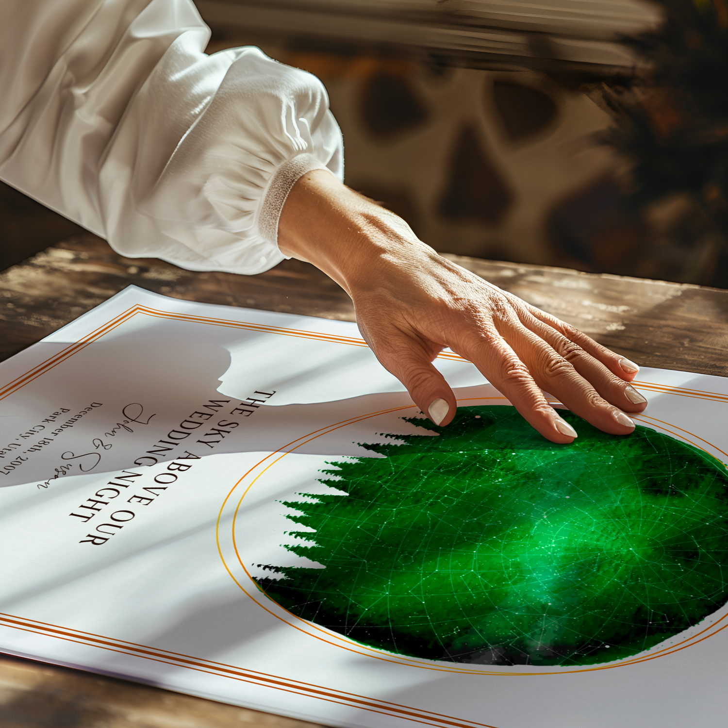 A close up of a hand holding down a custom moment SentiMap print on a wooden desk