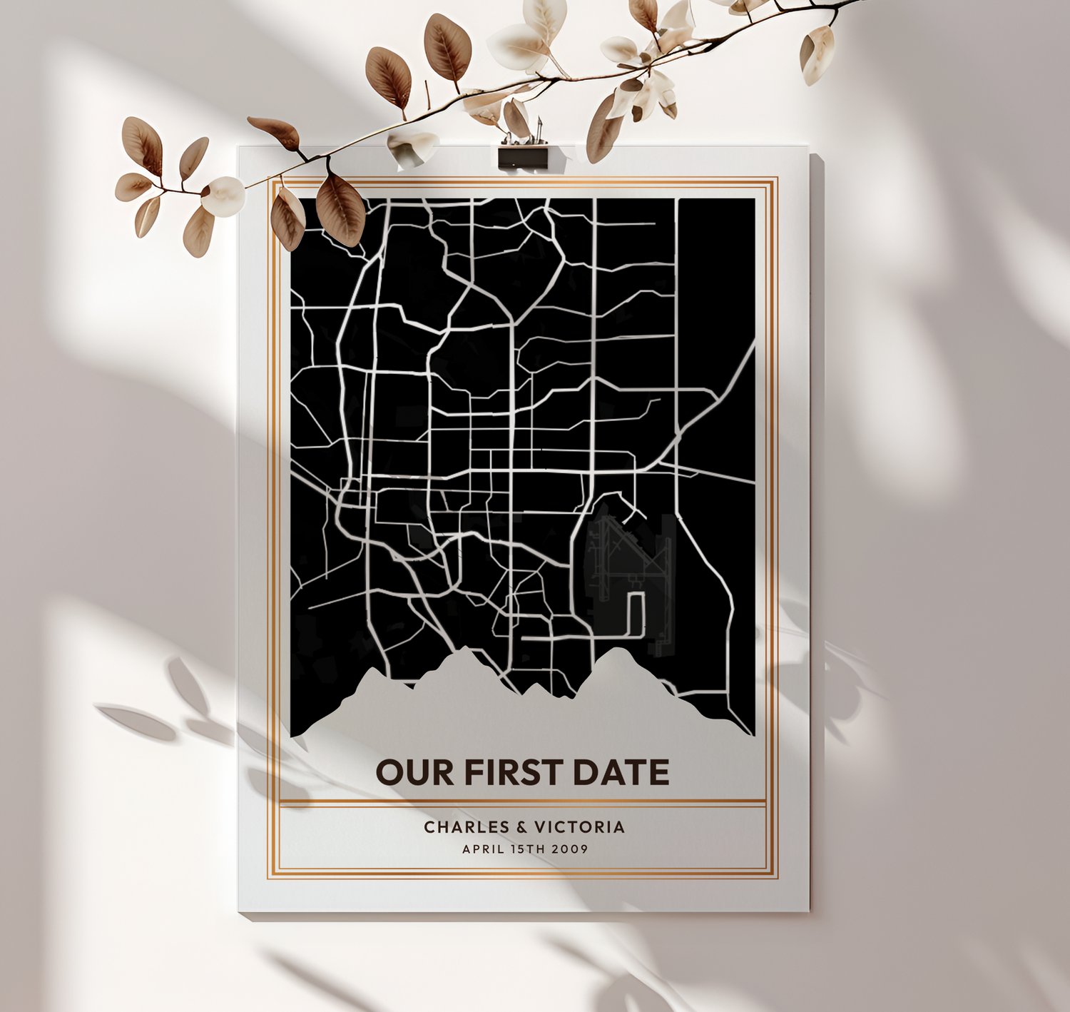 A hanging print of a Customized Meaningful Moment Street Map of someones first date on a wall