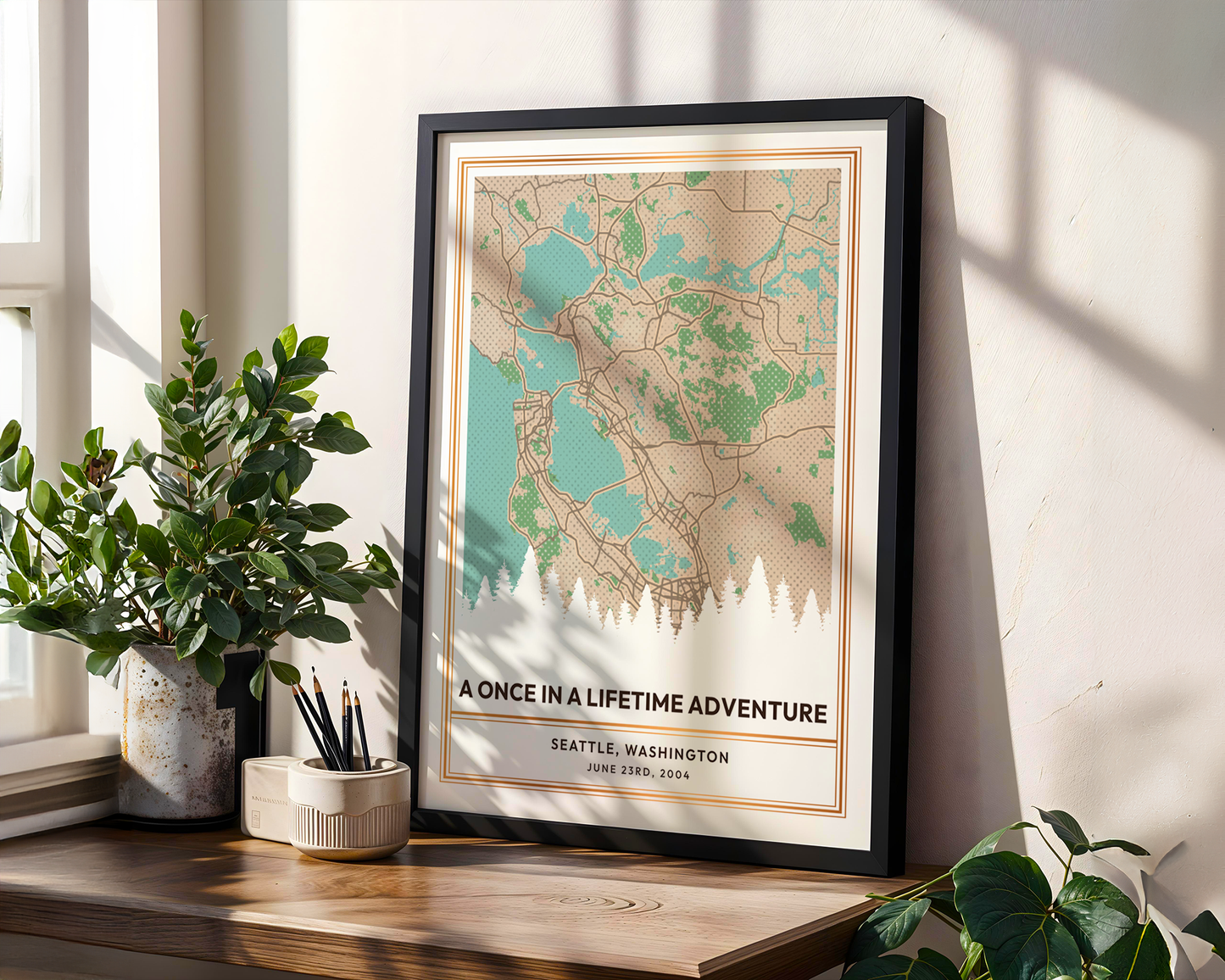 A Personalized SentiMap leaning against a wall, on a desk with plants around it of a meaningful location to someone in Seattle, Washington