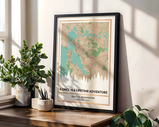 A Personalized SentiMap leaning against a wall, on a desk with plants around it of a meaningful location to someone in Seattle, Washington