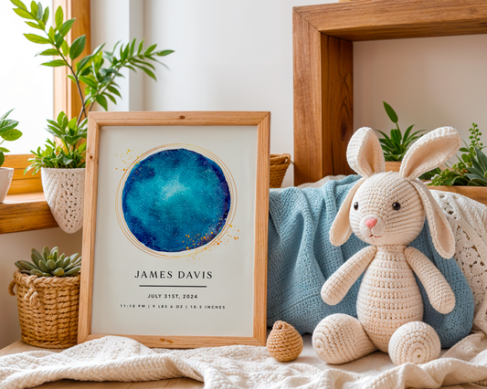 A cute stuffed bunny sitting next to a custom nursery baby SentiMap framed print surrounded by plants and wooden furniture 