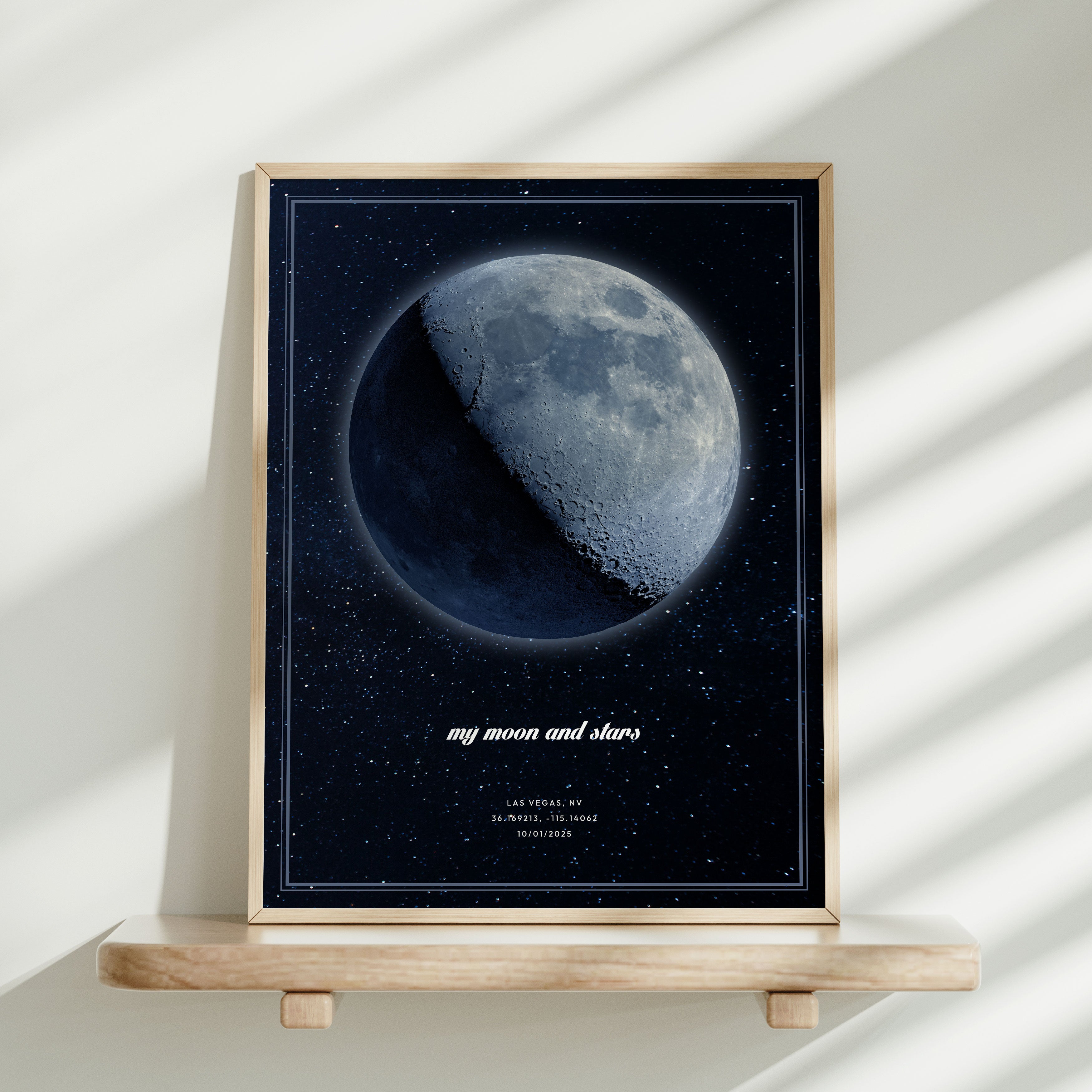 Framed Moon Phase Map leaning against a wall on a shelf